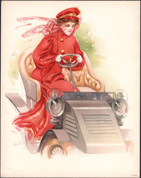 #MSPRINT212 - 1908 Victorian Print - Lady in Red Driving an Early Car - Maud Strumm