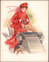 #MS312 - 1908 Victorian Print - Lady in Red Driving an Early Car - Maud Strumm
