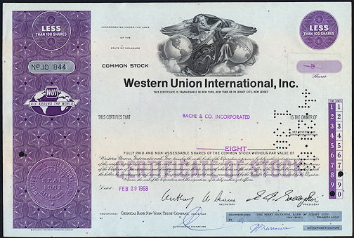 #ZZStock078 - Western Union International Stock Certificate - As low as 75¢ each