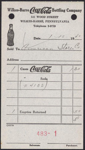 #CC281 - Bottle Logo 1940 Coca Cola Route Receipt from the Wilkes-Barre Coca-Cola Bottling Plant
