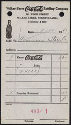 #CC281 - Bottle Logo 1940 Coca Cola Route Receipt from the Wilkes-Barre Coca-Cola Bottling Plant