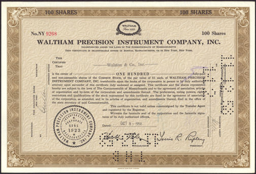 #ZZCE040 - Stock Certificate from the Waltham Precision Instrument Company, Inc.