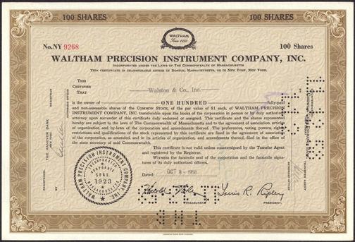 #ZZStock040 - Stock Certificate from the Waltham Precision Instrument Company, Inc.