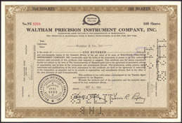 #ZZStock040 - Stock Certificate from the Waltham Precision Instrument Company, Inc.