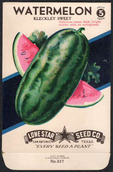 #CE086 - Brightly Colored Kleckley Sweet Watermelon Lone Star 5¢ Seed Pack - As Low As 50¢ each