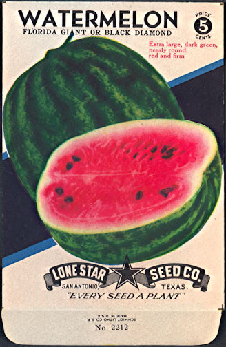 #CE085 - Brilliantly Colored Black Diamond Watermelon Lone Star 5¢ Seed Pack - As Low As 50¢ each