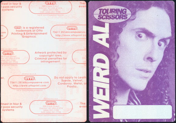 ##MUSICBP0457 - Weird Al OTTO Cloth Backstage Pass from the 1999 Touring with Scissors Tour