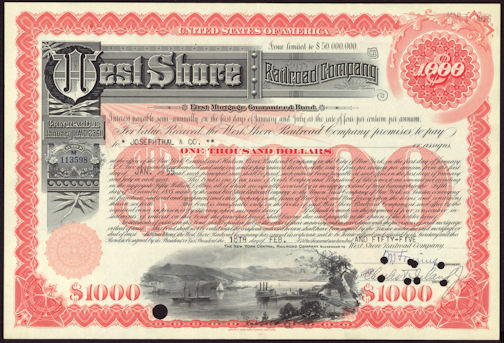 #ZZStock049 - West Shore Railroad Company Stock/Bond Certificate