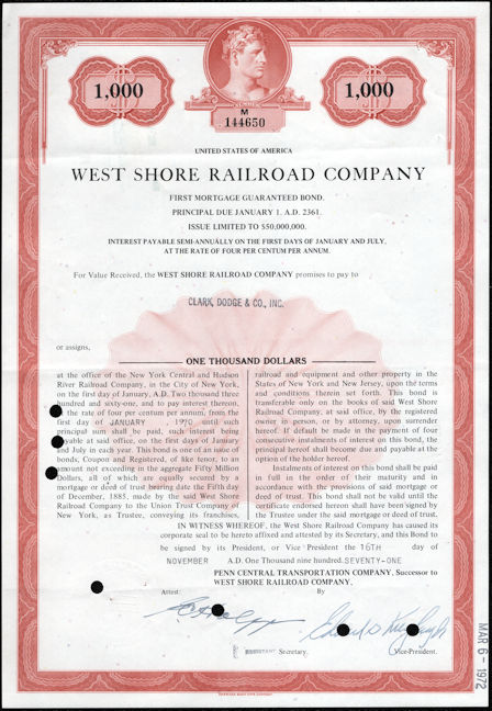 #ZZStock104 - West Shore Railroad Company Bond Certificate