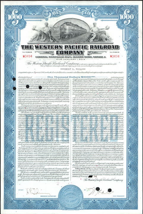 #ZZStock086 - The Western Pacific Railroad Company 4 1/2% Mortgage Bond Certificate