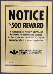 #SIGN281 - Large Cardboard Wisconsin  Power & Light Company Reward Sign