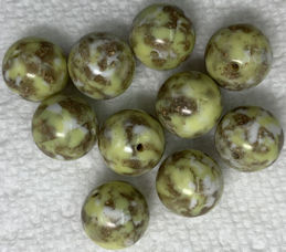 #BEADS0155 - Group of 12 Early Plastic Yellow and Tan Beads with a Speckled Pattern and Goldstone Flecks