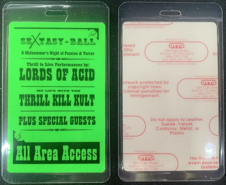 ##MUSICBP1611  - Rare Sextasy Ball OTTO Laminated All Area Access Pass from 1995 - Lords of Acid, Thrill Kill Kult