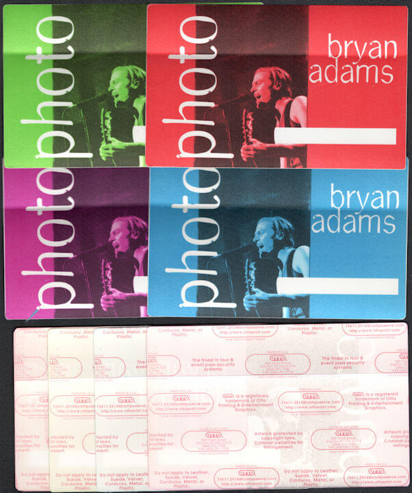 ##MUSICBP0286 - Group of 4 Huge Oversized Bryan Adams OTTO Cloth Backstage Photo Passes from the 1996 Til I Die Tour