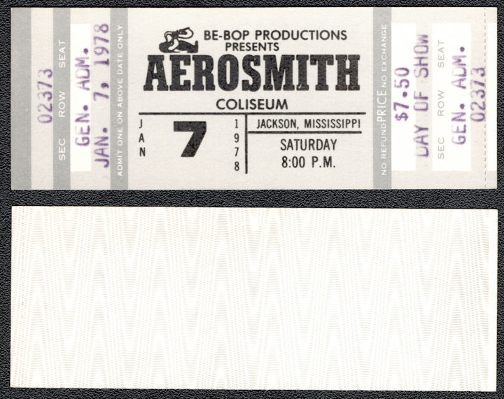 ##MUSICBPT0042 - 1978 Aerosmith Day of Show Ticket from Jackson, Mississippi
