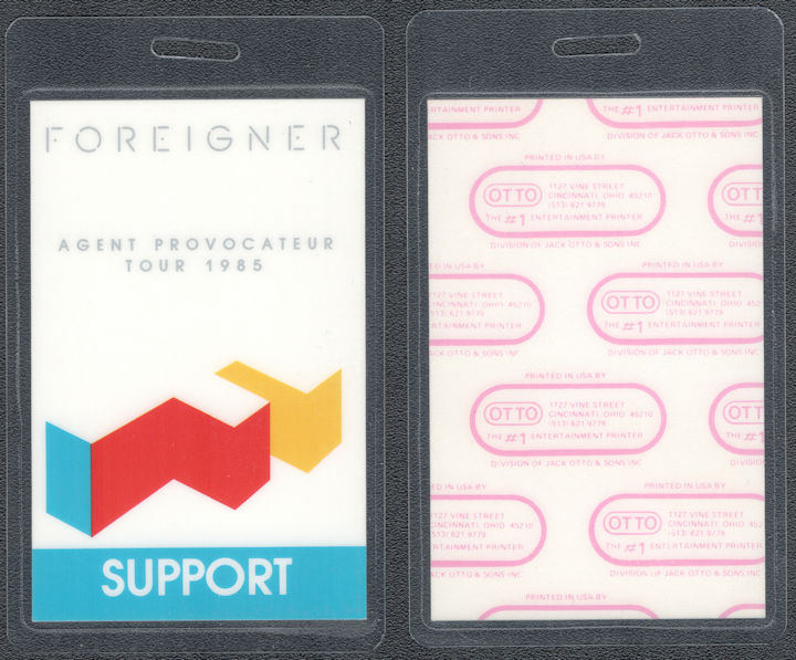 ##MUSICBP1984 - Scarce 1985 Foreigner Laminated OTTO Backstage Support Pass from the Agent Provocateur Tour