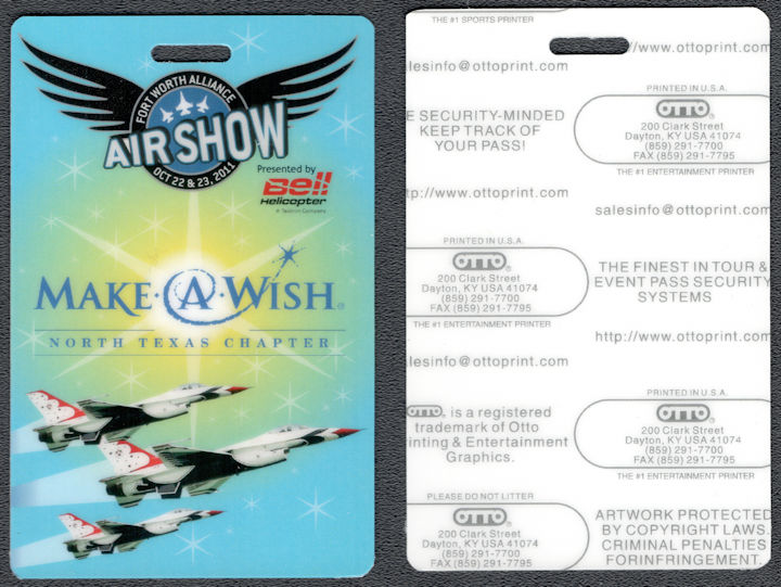 ##MUSICBP1165 - 2011 Fort Worth Alliance Air Show OTTO Sheet Laminate Pass For Make-A-Wish