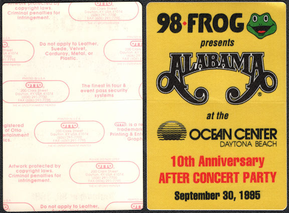 ##MUSICBP0369 - Alabama OTTO Cloth After Concert Party Pass from the September 30, 1995 Concert in Daytona Beach