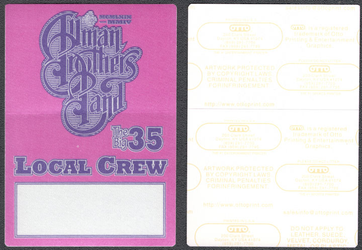 ##MUSICBP1265 - 2004 Allman Brothers Cloth Backstage Pass from  "The Big 35" Tour