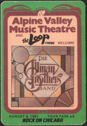 ##MUSICBP0540  - Rare 1981 Alpine  Valley Theatre OTTO The Allman Brothers Band Tour OTTO Backstage Pass - Radio Promo The Loop FM 98