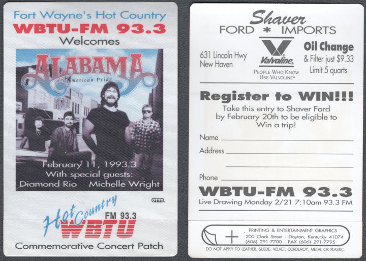 ##MUSICBP2075 - Alabama OTTO Cloth Commemorative Radio Patch from the 1993 Concert in Ft. Wayne - WBTU-FM 93.3