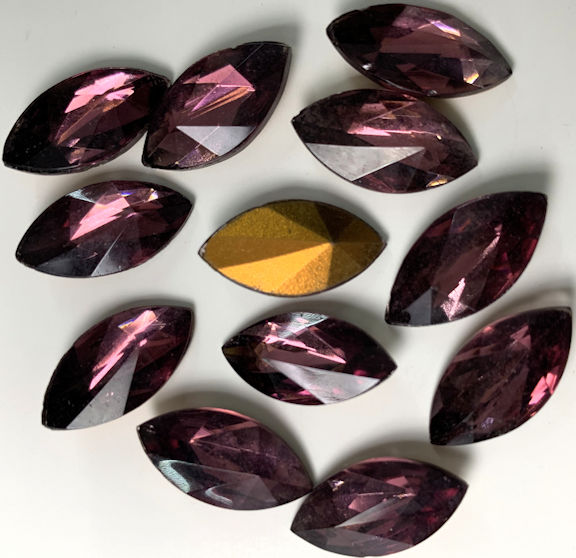 #BEADS0970 - Group of 12 Large Faceted and Foiled 18mm Amethyst Glass Navettes (Rhinestones)