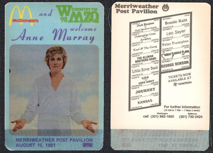 ##MUSICBP1243 - Anne Murray OTTO Cloth Radio Pass from the 1981 Concert at Merriweather Post Pavilion