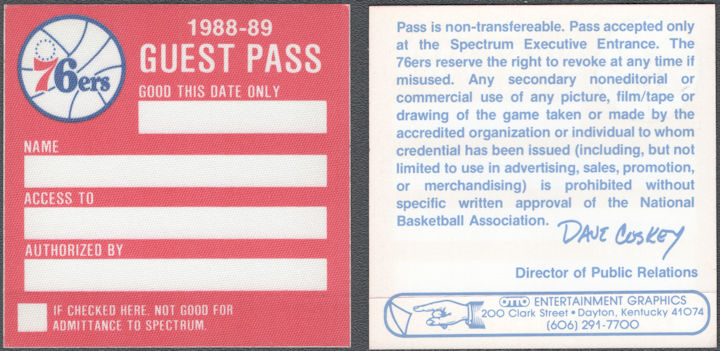 ##MUSICBP2063 - 1988/89 OTTO Cloth Backstage Guest Pass for a Philadelphia 76ers Game