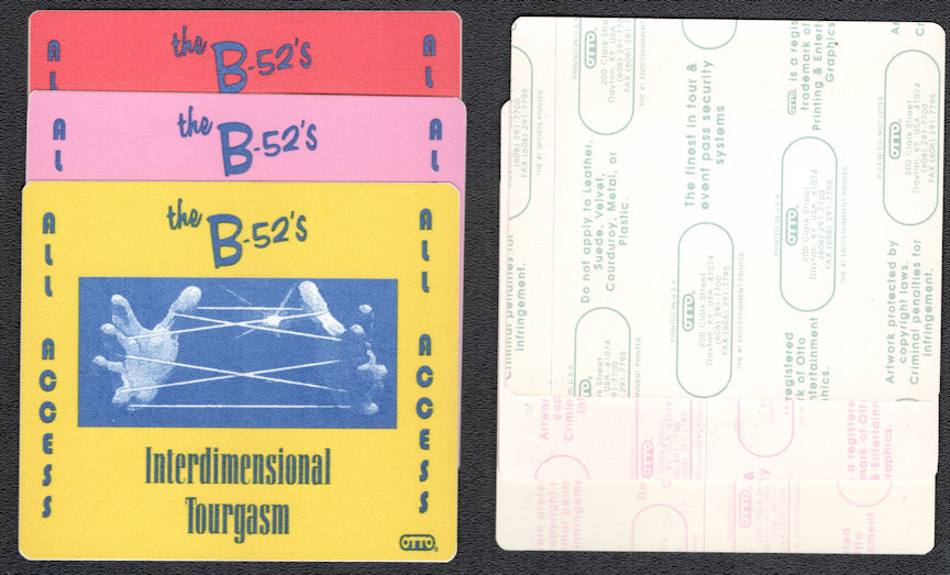 ##MUSICBP1218 - 3 Different B-52's OTTO Cloth All Access Passes from the 1992 Interdimensional Tourgasm Tour