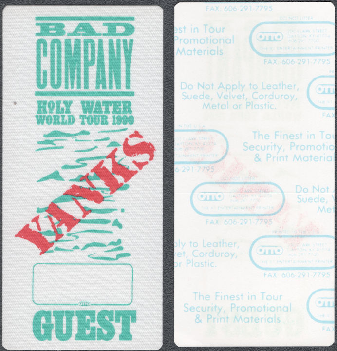 ##MUSICBP2116  - Bad Company OTTO Cloth Guest Pass from the 1990 Holy Water Tour with Damn Yankees