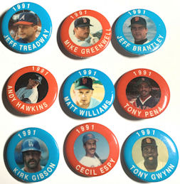 #BHSports147 - Group of 6 Different Licensed 1991 Baseball Player Pinbacks