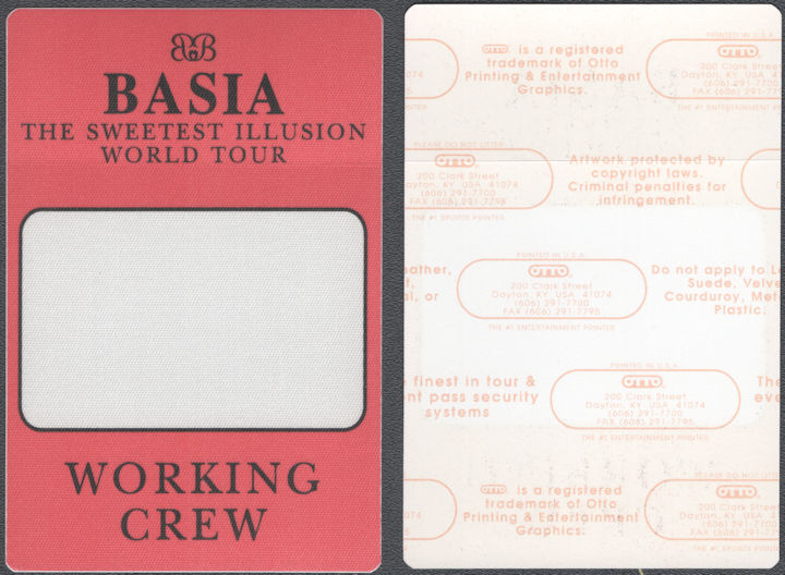 ##MUSICBP2117  - Rare Basia OTTO Cloth Working Crew Pass from the 1994 Sweetest Illusion Tour