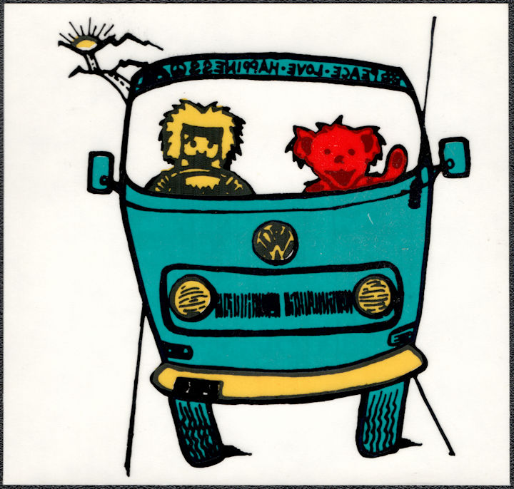 ##MUSICGD2062 - Grateful Dead Window Sticker/Decal - A Bear and Man in a VW Bus with Peace, Love, Happiness