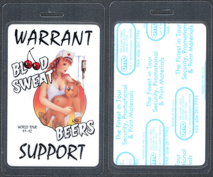 ##MUSICBP1783 - Warrant OTTO Laminated Support Pass from the 1991-92 Blood, Sweat, and Beers Tour