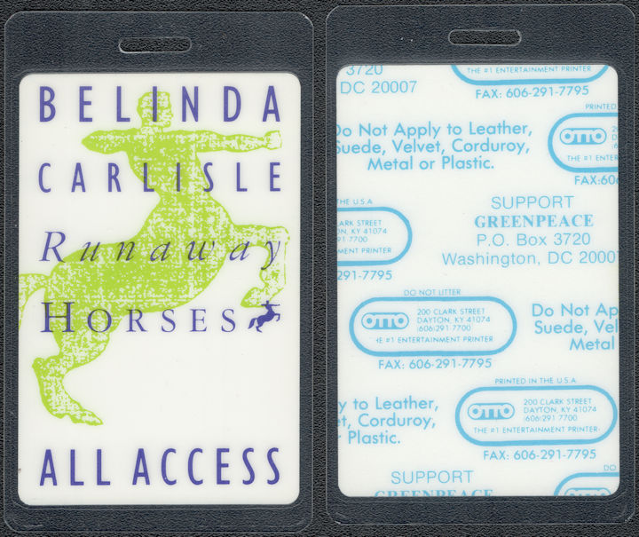 ##MUSICBP1849 - Belinda Carlisle OTTO Laminated All Access Pass from the 1990 Runaway Horses Tour