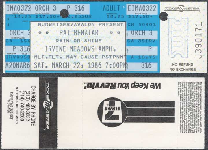 ##MUSICBPT0064 - 1986 Pat Benatar Concert Ticket from the Irvine Meadows Amphitheater