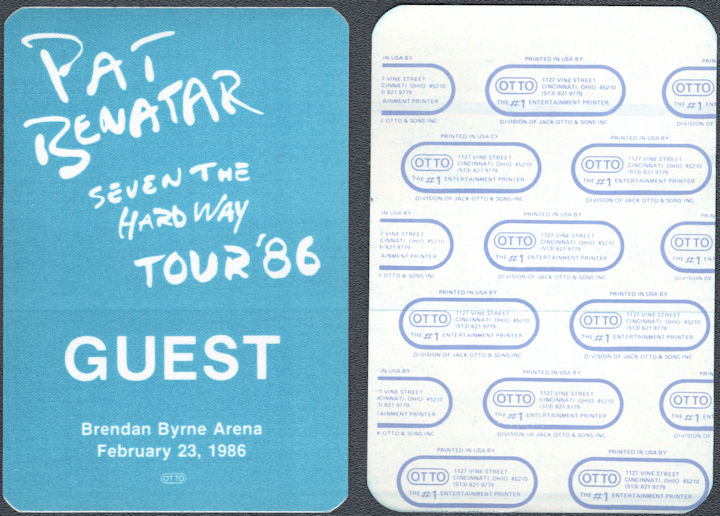 ##MUSICBP1699  - Scarce Pat Benatar OTTO Cloth Guest Pass from the 1986 Seven the Hard Way Tour