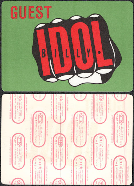 ##MUSICBP0267  - BIlly Idol OTTO Cloth Backstage Guest Pass from the 1986 Whiplash Smile Tour