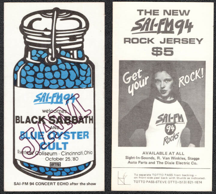 ##MUSICBP1242 - Black Sabbath and Blue Oyster Cult OTTO Cloth Radio Pass from the 1980 Concert in Cincinnati