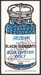 ##MUSICBP1242 - Black Sabbath and Blue Oyster Cult OTTO Cloth Radio Pass from the 1980 Concert in Cincinnati