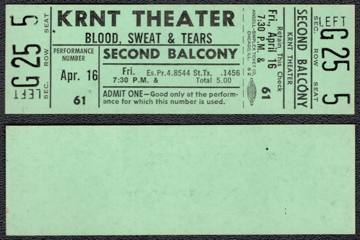 ##MUSICBPT0050 - 1971 Blood, Sweat & Tears Ticket from the KRNT Theater