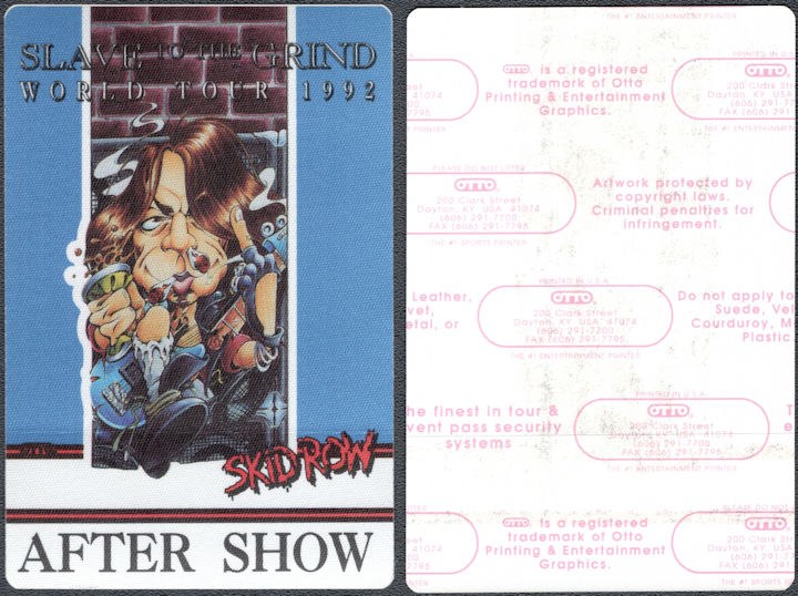 ##MUSICBP1800 - Skid Row OTTO Cloth After Show Pass for the 1992 Slave to the Grind World Tour