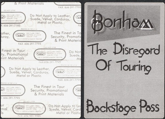 ##MUSICBP0681 - Bonham OTTO Cloth Backstage Pass from the 1989 Diregard of Timekeeping Tour