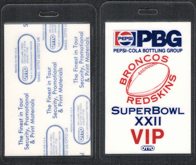 ##MUSICBP1486 - 1988 Super Bowl XXII (22) Laminated VIP Pass - Broncos vs Redskins