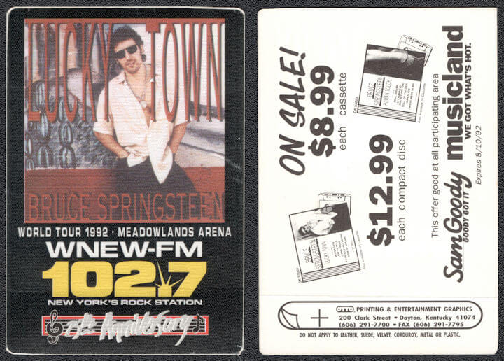 ##MUSICBP1270  - 1992 Bruce Springsteen Radio Promo OTTO Backstage Pass - WNEW 102.7 - Lucky Town