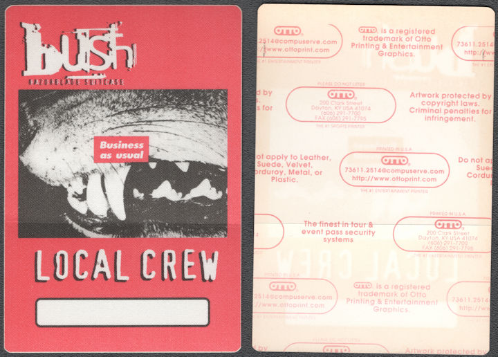 ##MUSICBP1455 - Bush Cloth OTTO Local Crew Pass from 1997 Razorblade Suitcase Tour