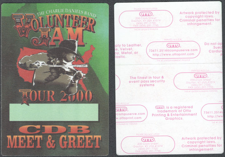 ##MUSICBP2018 - Charlie Daniels OTTO Cloth M&G Pass from the 2000 Volunteer Jam Tour - Hank Jr.