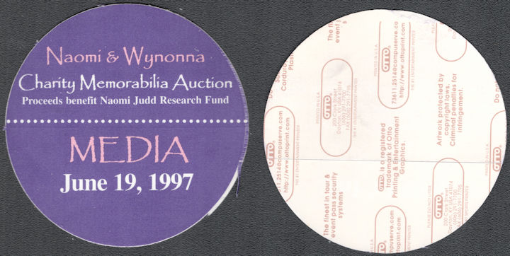 ##MUSICBP1350  - The Judds Cloth OTTO Media Pass from the 1997 Charity Memorabilia Auction - Naomi Judd 