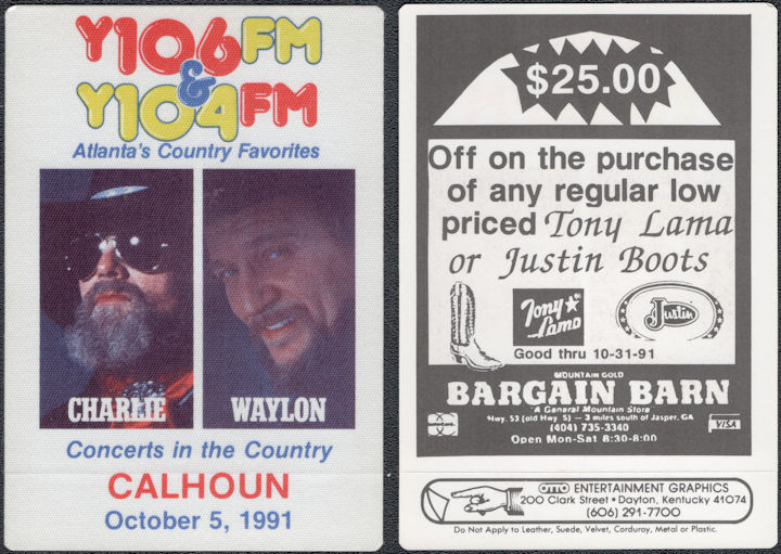 ##MUSICBP1872 - Charlie Daniels and Waylon Jennings OTTO Cloth Radio Pass from the 1991 Concerts in the Country Show