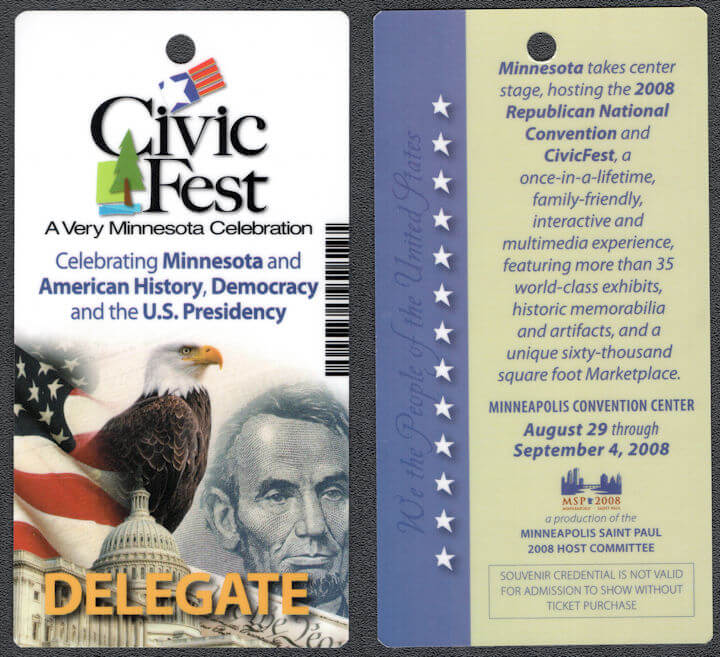 ##MUSICBP1168 - Souvenir Sheet Laminate Pass for 2008 Civic Fest at the Minneapolis Convention Center - Republican National Convention